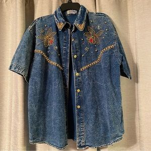 Vintage 90s Acid Wash Denim Beaded and Jewels Embellished Shirt Shacket Size L